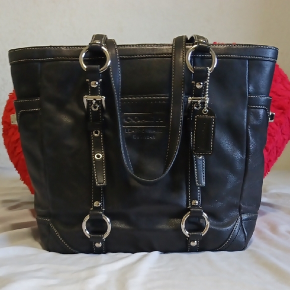 Coach Black Leather Tote with Silver Accents - Picture 1 of 12
